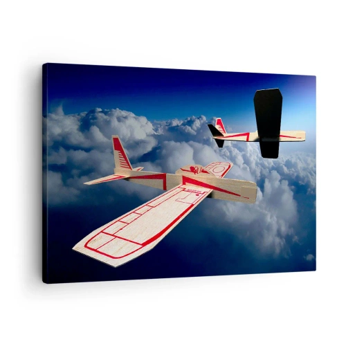 Canvastavla - Bild på duk - Två träflygplan som svävar över molnen mot en blå himmel. - 70x50cm - Ännu högre, ännu längre - Modern väggdekoration för vardagsrum och sovrum ARTTOR