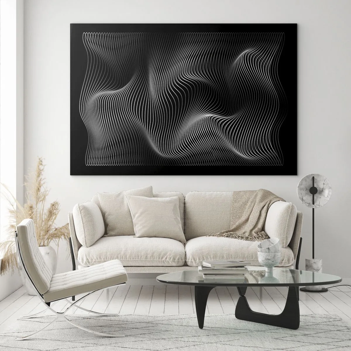 Glastavla - Bild på glas - Hypnotiserande vita linjer som böljar mot en svart bakgrund - 70x50cm - Ljusets dans i rymden - Modern väggdekoration för vardagsrum och sovrum ARTTOR