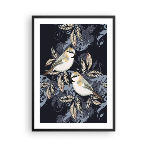 Affisch i svart ram - Två fåglar mot en bakgrund av dekorativa blad och ornament - 50x70cm - Gul-grå fågelsång - Modern väggdekoration för vardagsrum och sovrum ARTTOR