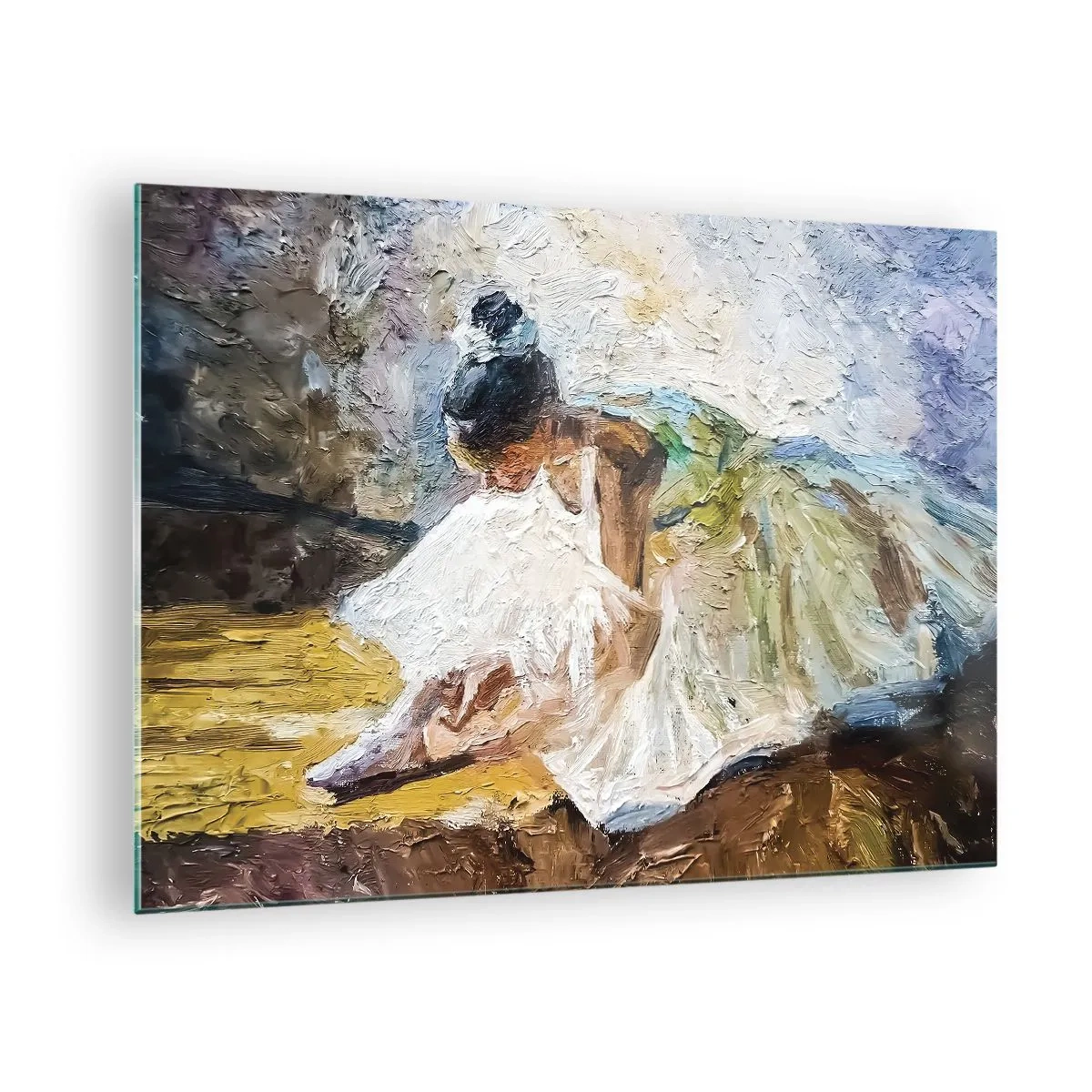 Glastavla - Bild på glas - En ballerina som lutar sig framåt i en vit klänning målad med oljestruktur - 70x50cm - Från Degas tavla - Modern väggdekoration för vardagsrum och sovrum ARTTOR