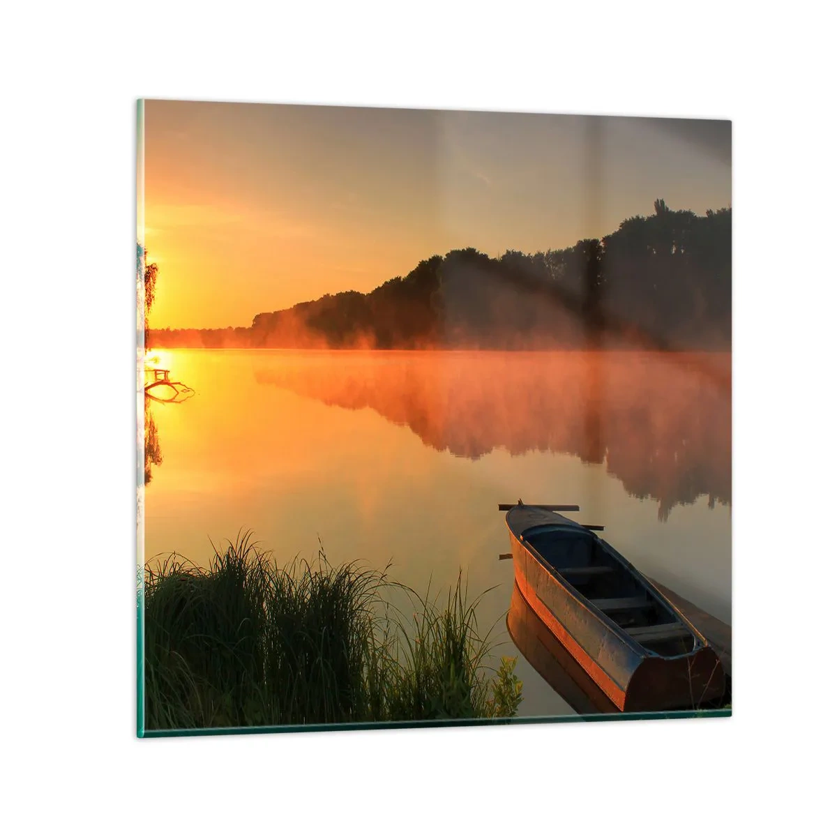 Glastavla - Bild på glas - Soluppgång vid spegelklart vatten - 40x40 cm
