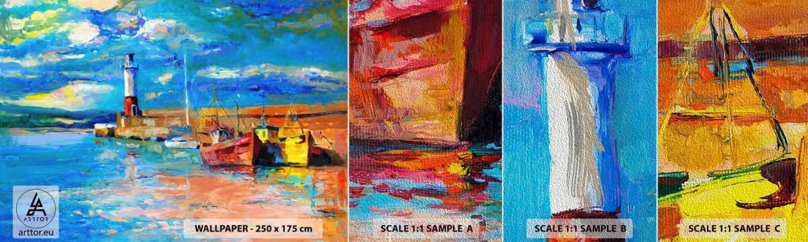 Provbit av fototapet Premium Sand - Eftermiddag i regnbågsviken - Fiskarens hamn, Fiskebåt, Fyr - 100x30 cm