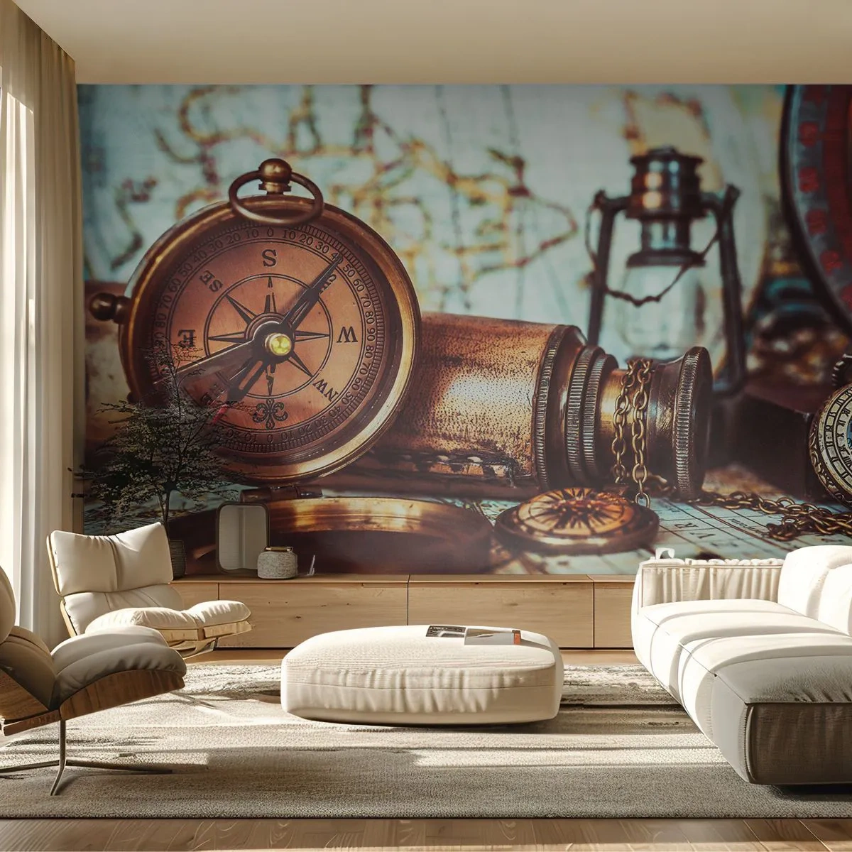 Fototapet Premium Canvas - Piratäventyret i Karibien väntar - Nautisk, Pirater, Kompass - 300x210 cm