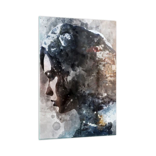 Glastavla - Bild på glas - Berättelse om en tjej med en stad i bakgrunden - 50x70 cm