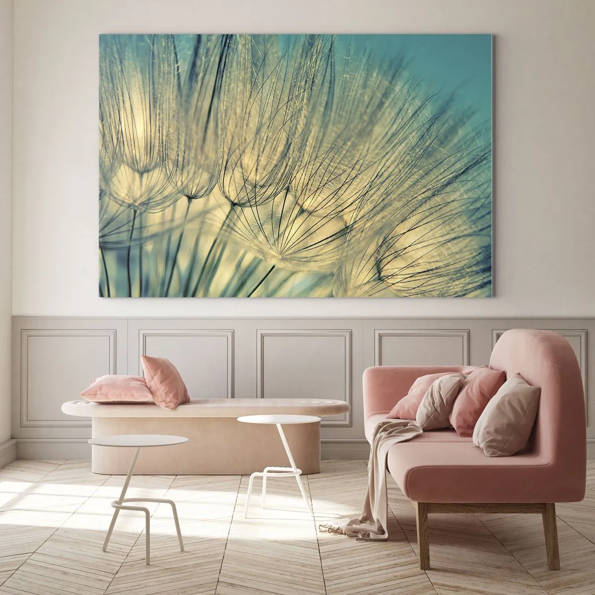 Glastavla - Bild på glas - Makrofotografi av en maskros mot en turkos bakgrund - 70x50cm - I väntan på vinden - Modern väggdekoration för vardagsrum och sovrum ARTTOR