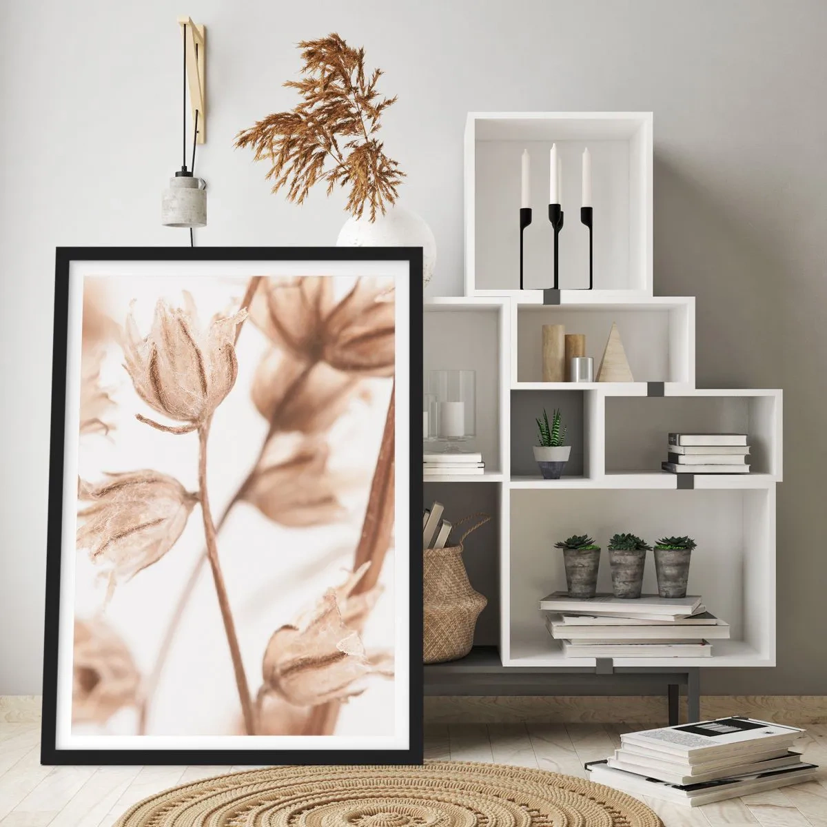 Affisch i svart ram - Torkade växter i sepia på en ljus bakgrund - 50x70cm - De kallar för slutet av sommaren - Modern väggdekoration för vardagsrum och sovrum ARTTOR