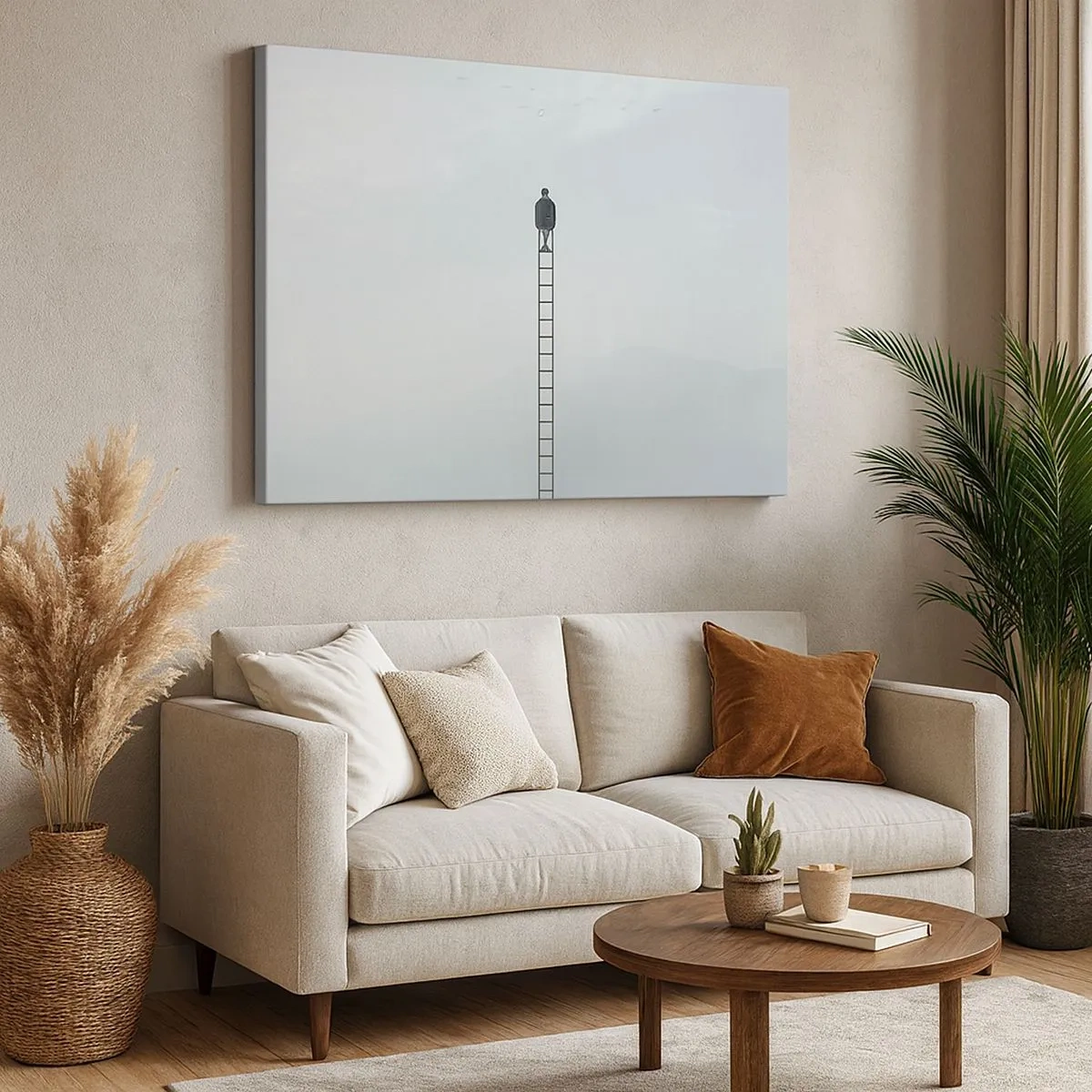 Canvastavla - Bild på duk - En man på en stege som stiger upp i himlen - 70x50cm - Var över det - Modern väggdekoration för vardagsrum och sovrum ARTTOR