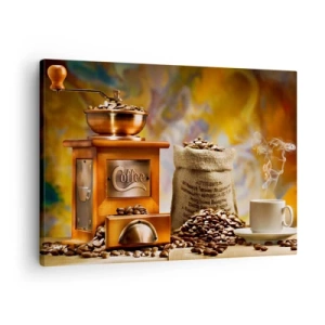 Canvastavla - Bild på duk - Kaffekvarn med bönor och en kopp i bakgrunden - 70x50cm - Knastrande bönor, bullrande kvarn - Modern väggdekoration för vardagsrum och sovrum ARTTOR