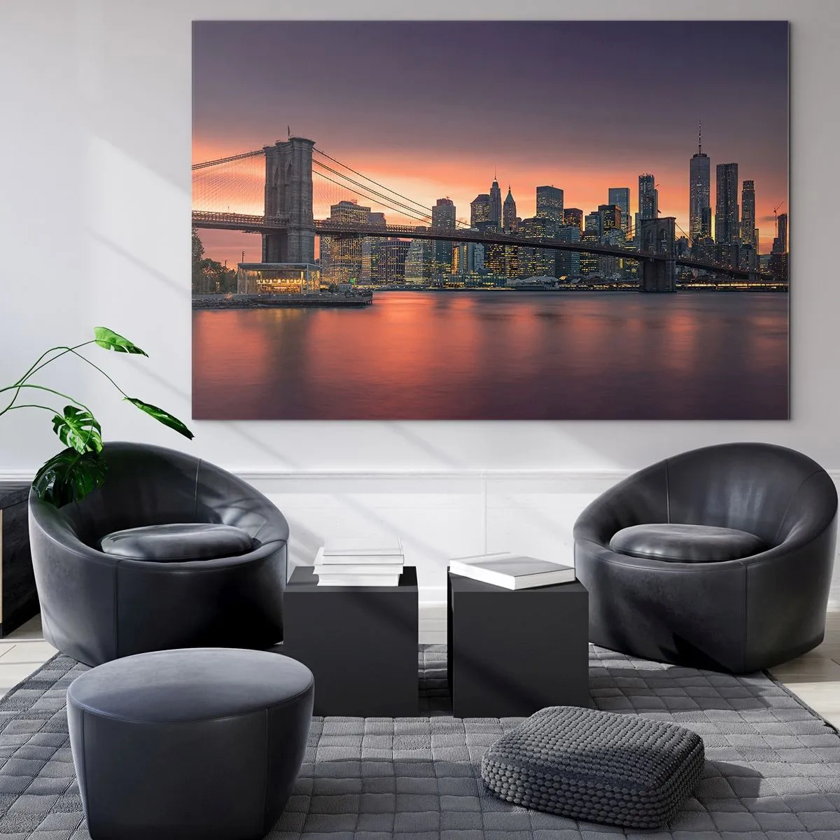Glastavla - Bild på glas - Brooklynbron vid solnedgången - 70x50cm - Doppad i lila tystnad - Modern väggdekoration för vardagsrum och sovrum ARTTOR