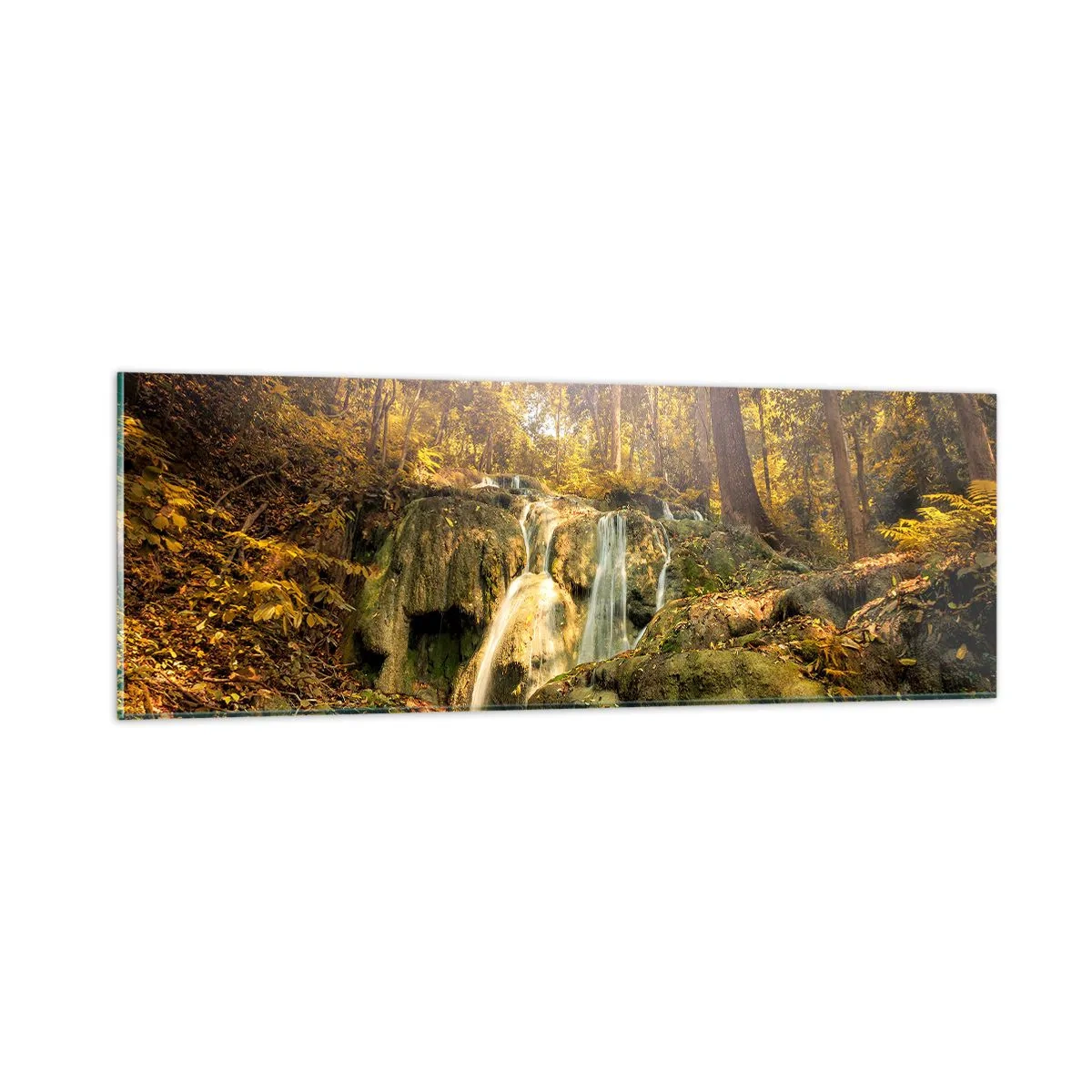 Glastavla - Bild på glas - Skogkaskad i grönt - 90x30 cm