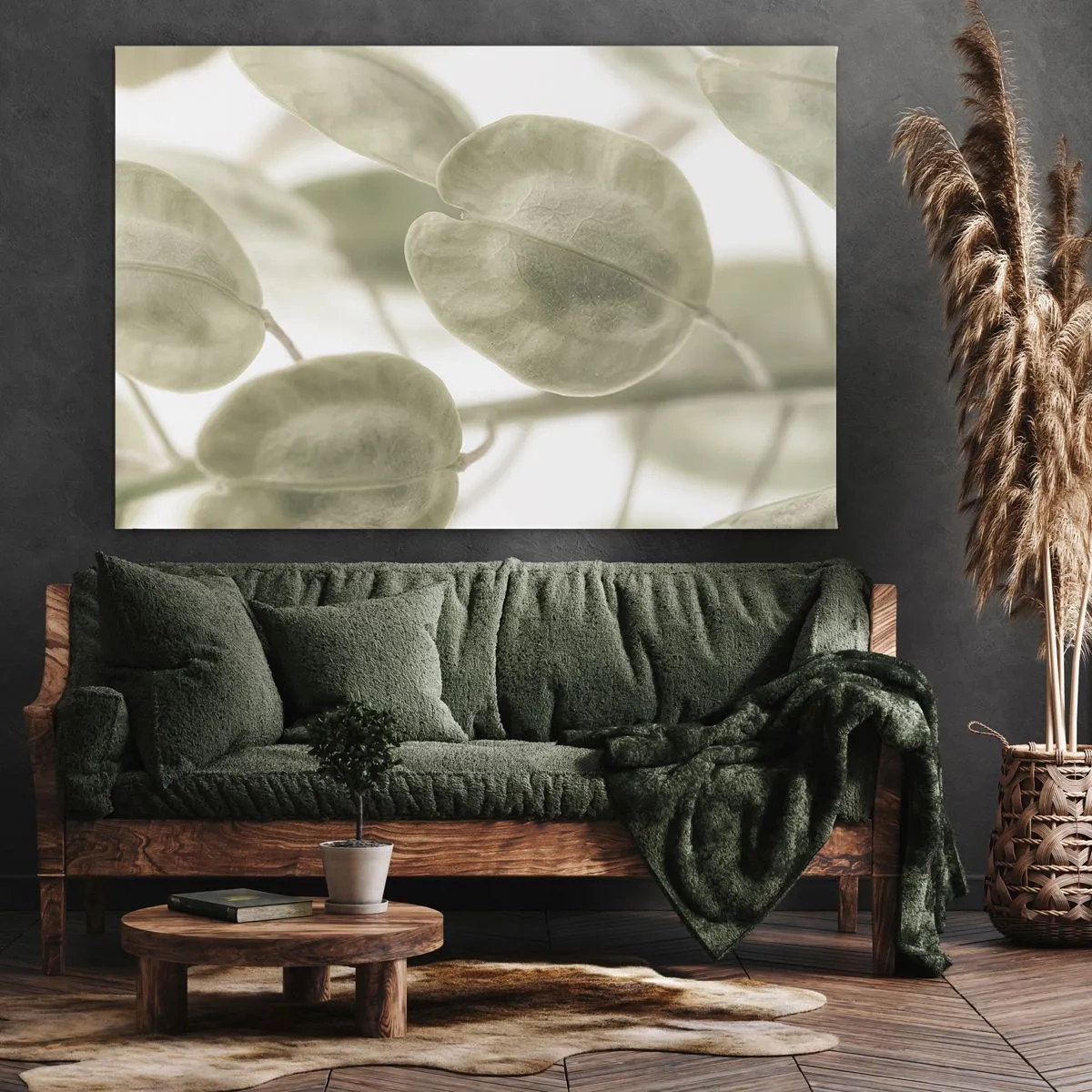 Canvastavla - Bild på duk - En delikat målning av löv i pastellgröna nyanser mot en ljus bakgrund. - 70x50cm - I början fanns det löv... - Modern väggdekoration för vardagsrum och sovrum ARTTOR