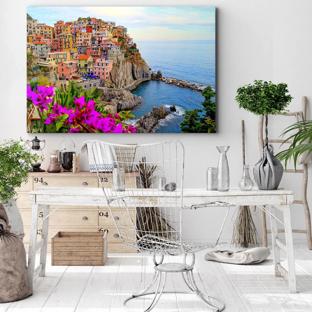 Canvastavla - Bild på duk - Färgglada hus på en klippa med utsikt över havet i ett pittoreskt landskap - 70x50cm - Skrattande stad - Modern väggdekoration för vardagsrum och sovrum ARTTOR