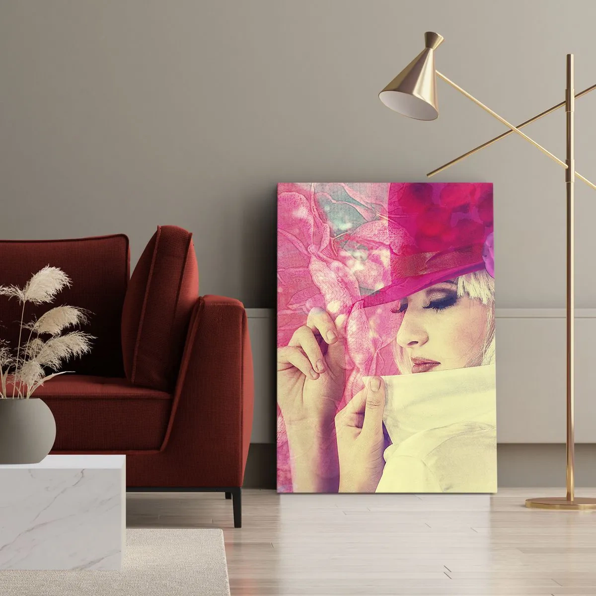 Canvastavla - Bild på duk - Retroporträtt i rosa ångor - 50x70 cm