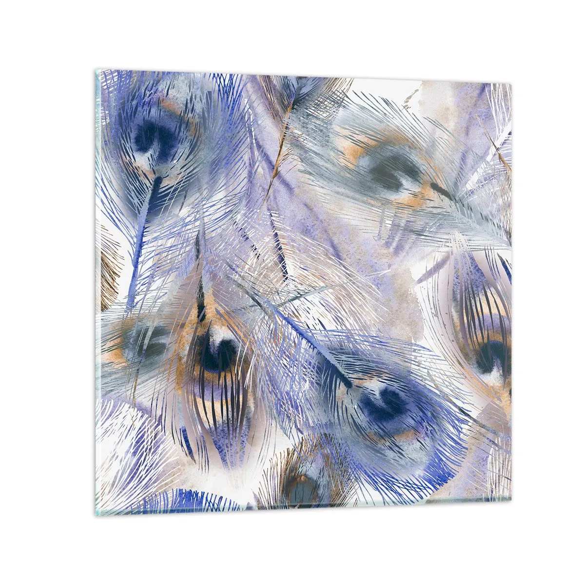 Glastavla - Bild på glas - Komposition med påfågelsfjädrar - 40x40 cm