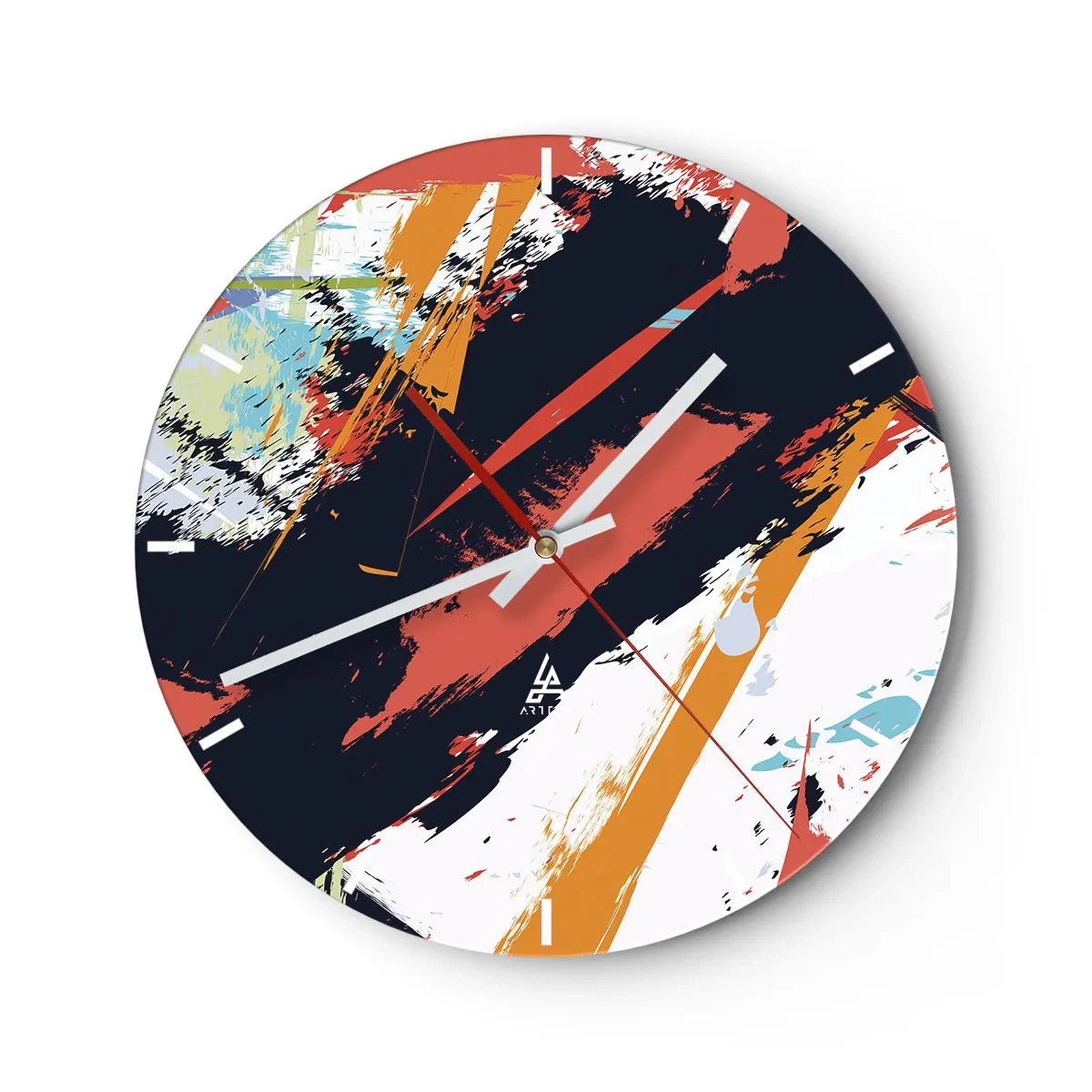 Väggklocka - Klocka på glas - Abstrakt mönster med färgglada penseldrag - 30x30cm - Dynamisk komposition - Modern väggdekoration för vardagsrum, kök och sovrum ARTTOR