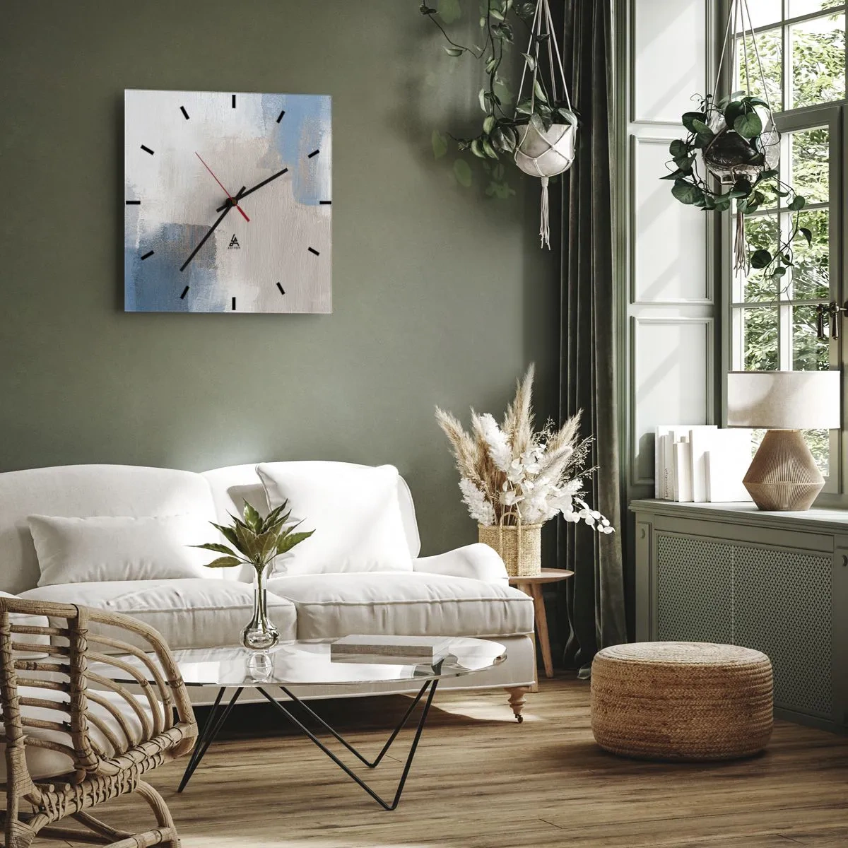 Väggklocka - Klocka på glas - Rosa abstraktion bakom en blå slöja - 30x30 cm