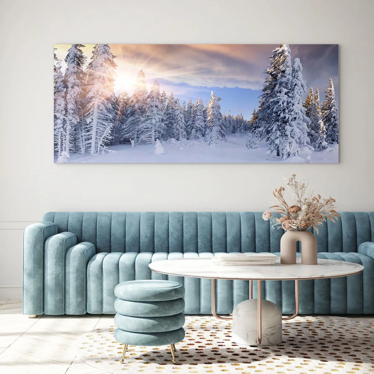 Glastavla - Bild på glas - Naturens snöiga spel - 120x50 cm