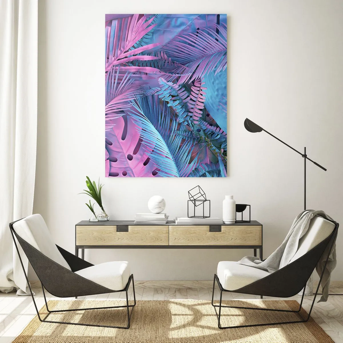 Glastavla - Bild på glas - Tropiken i rosa och blått - 70x100 cm