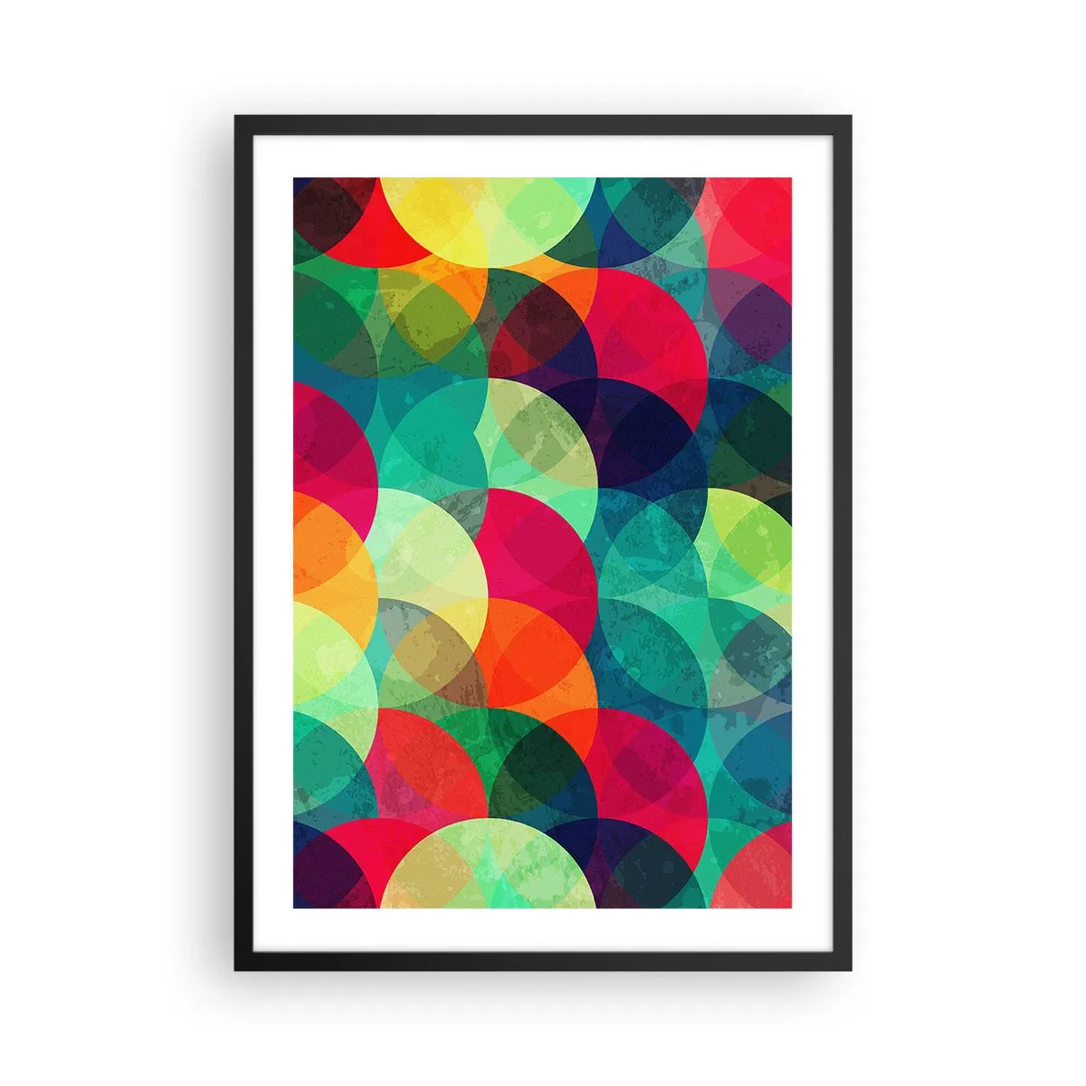 Affisch i svart ram - Abstrakta, färgglada cirklar som överlappar varandra - 50x70cm - Regnbågsfärd - Modern väggdekoration för vardagsrum och sovrum ARTTOR