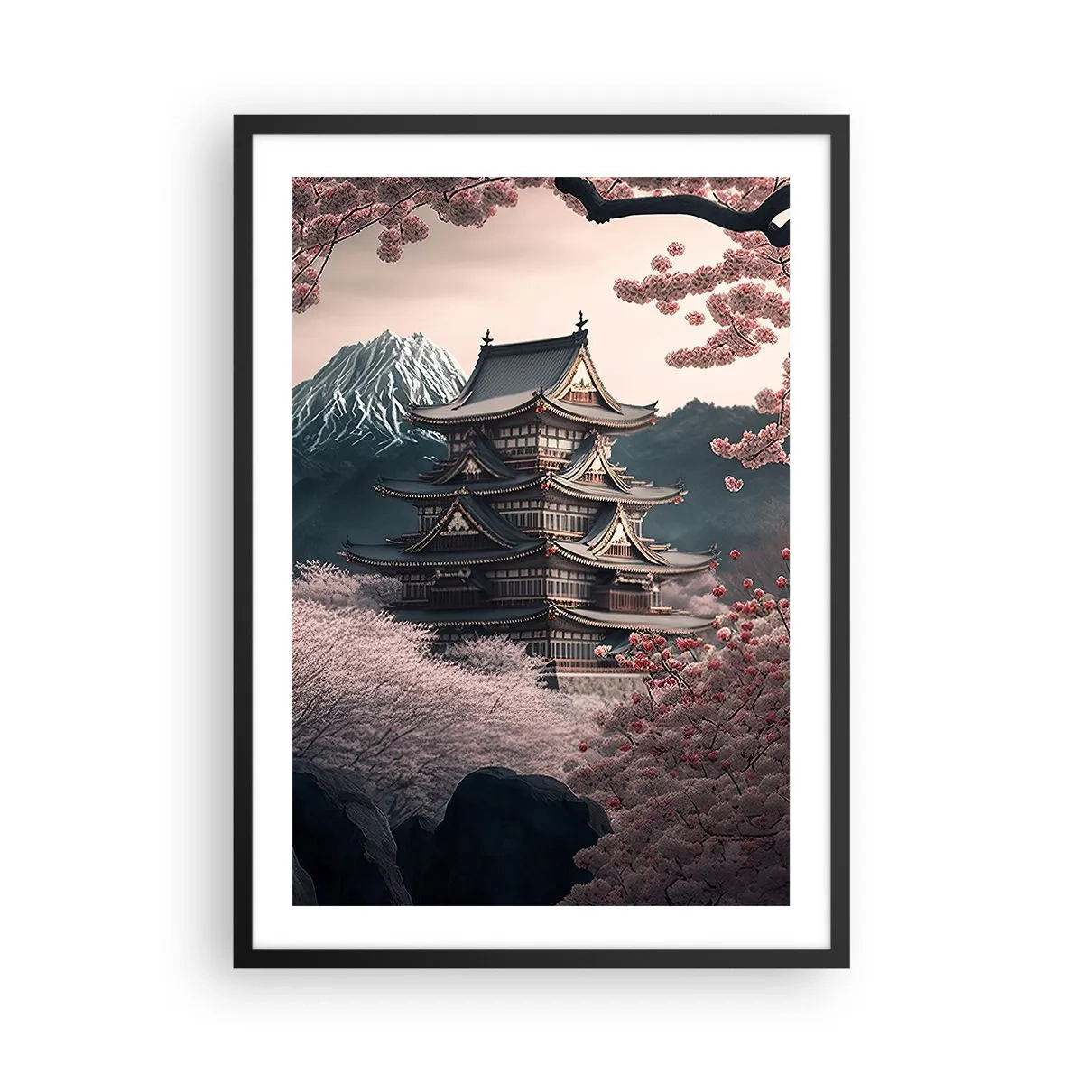 Affisch i svart ram - Japansk pagod bland körsbärsblommor - 50x70cm - Ett land av blommande körsbär - Modern väggdekoration för vardagsrum och sovrum ARTTOR