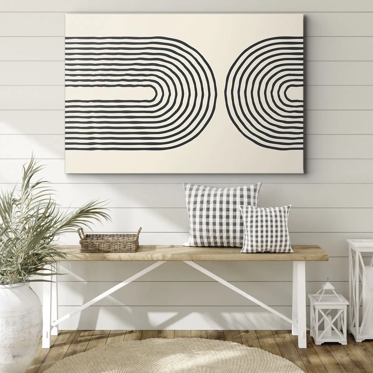 Canvastavla - Bild på duk - Abstrakt geometriskt mönster med symmetriska linjer på en ljus bakgrund - 70x50cm - Om en stund... - Modern väggdekoration för vardagsrum och sovrum ARTTOR