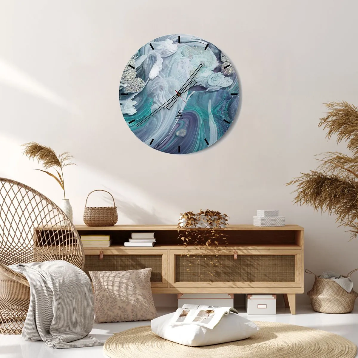 Väggklocka - Klocka på glas - Blåhetens strömmar - 40x40 cm