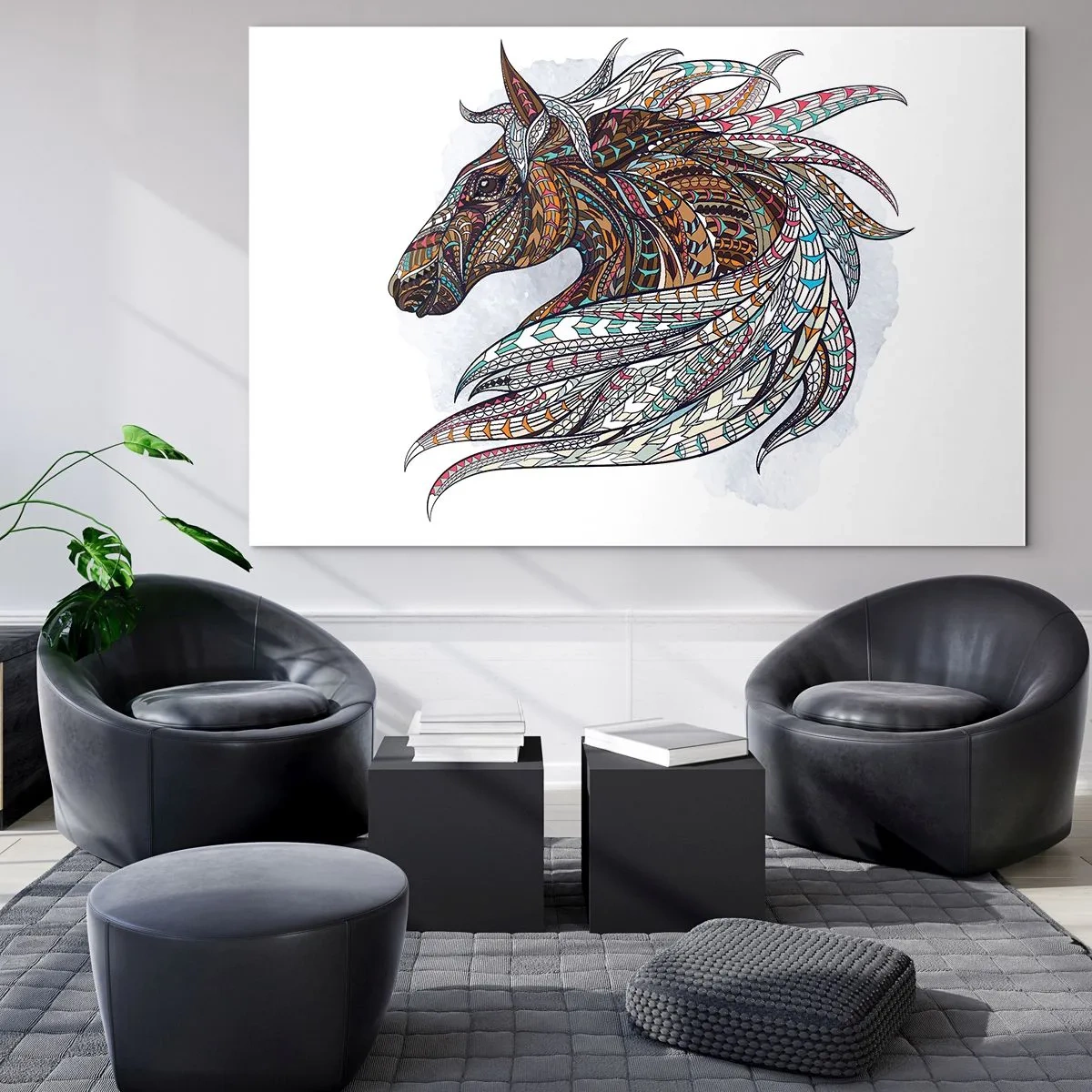 Glastavla - Bild på glas - Färgglad häst i konstnärlig stil med geometriska mönster - 70x50cm - Keltiska kämpens häst - Modern väggdekoration för vardagsrum och sovrum ARTTOR