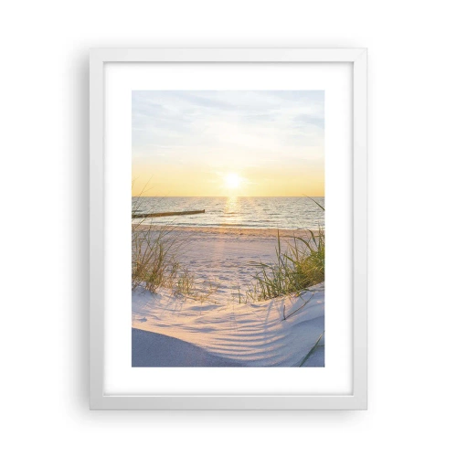 Affisch i vit ram - Havets brus, fågelsång, tom strand bland träden - 30x40 cm