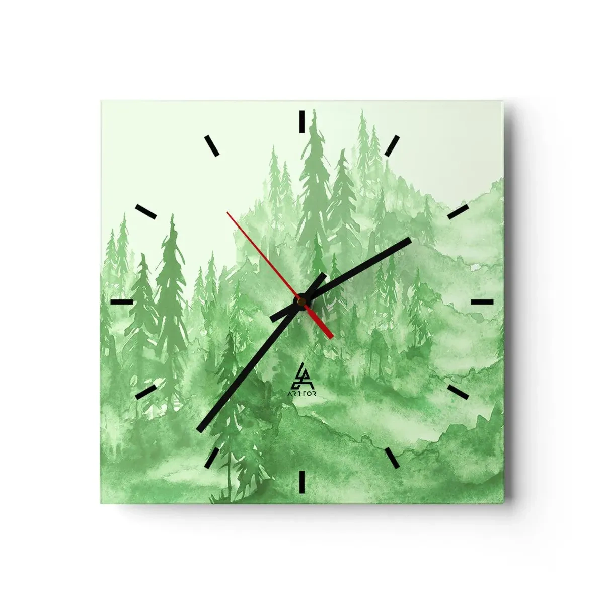 Väggklocka - Klocka på glas - Suddig i grön dimma - 30x30 cm