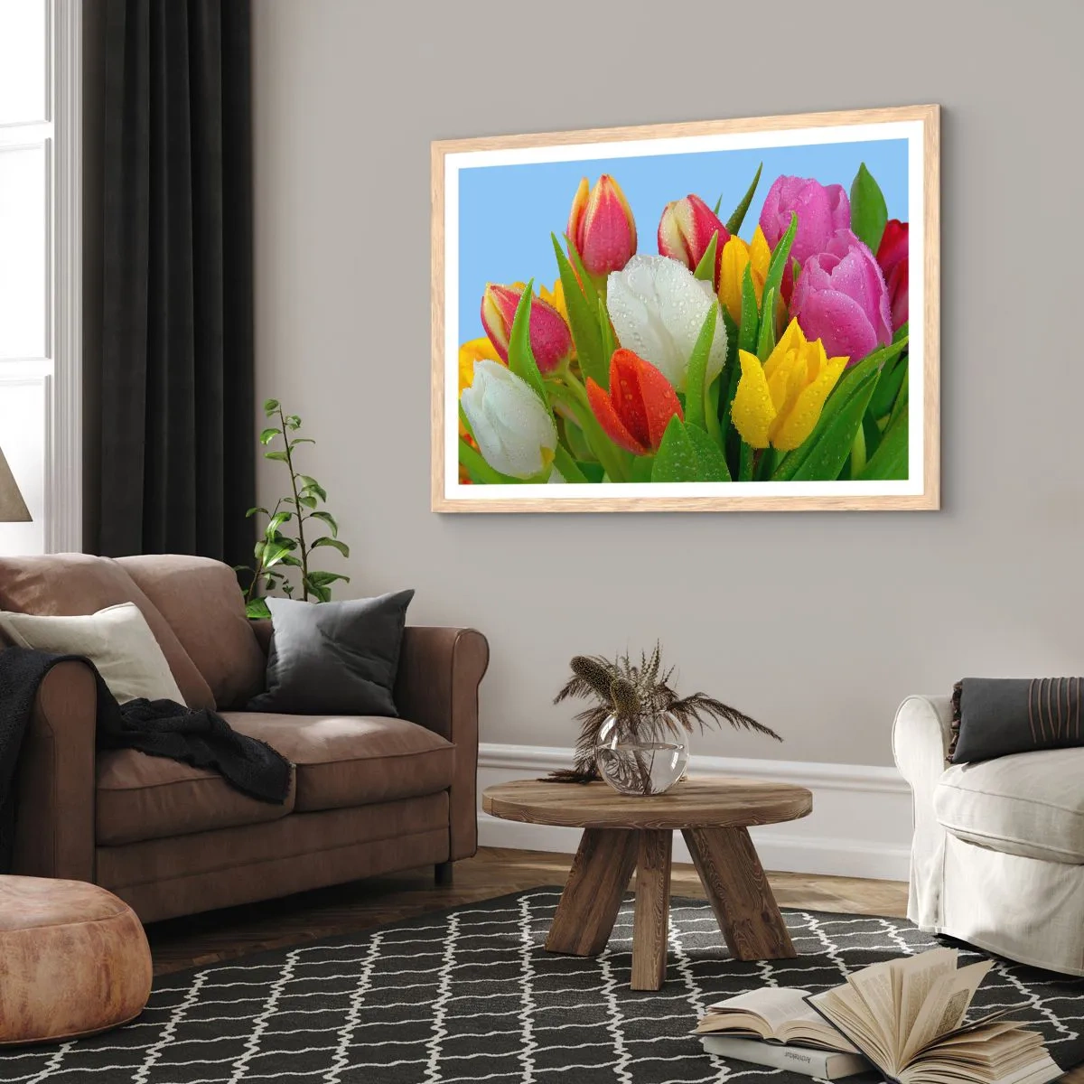 Affisch i ram av ljusek - blommig regnbåge i daggdroppar - 50x40 cm