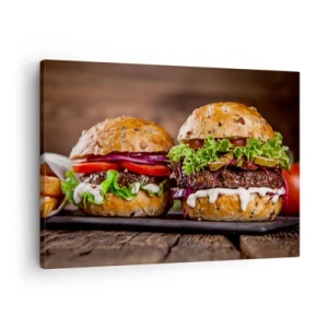 Canvastavla - Bild på duk - Aptitretande hamburgare med grönsaker och sås - 70x50cm - American dream - Modern väggdekoration för vardagsrum och sovrum ARTTOR