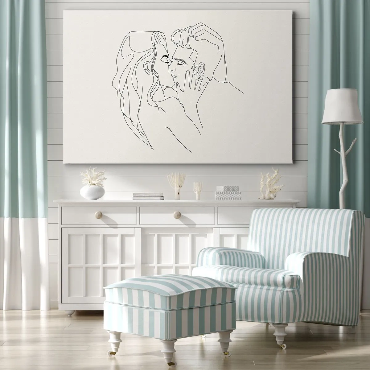 Canvastavla - Bild på duk - En minimalistisk illustration av ett par i en kärleksfull omfamning - 70x50cm - I kärlekens famn - Modern väggdekoration för vardagsrum och sovrum ARTTOR
