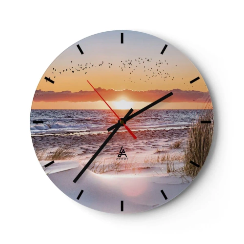 Väggklocka - Klocka på glas - Solnedgång över havet med fåglar och sand i förgrunden - 30x30cm - Horisontellt landskap - Modern väggdekoration för vardagsrum, kök och sovrum ARTTOR