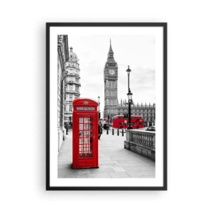 Affisch i svart ram - En röd telefonkiosk med Big Ben och en buss i bakgrunden. - 50x70cm - London utan tvekan - Modern väggdekoration för vardagsrum och sovrum ARTTOR