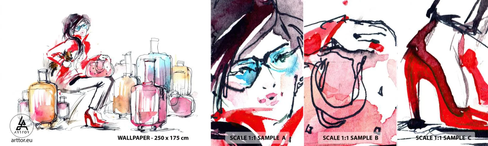 Fototapet Prov Standard Eco - Låt oss sätta oss inför resan - Kvinna, Resa, Resväska - 100x30 cm