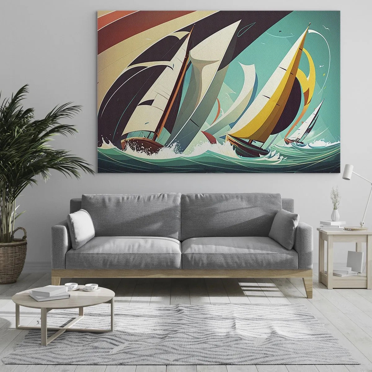 Glastavla - Bild på glas - Retrostilillustration av segelbåtar i ett stormigt hav - 70x50cm - Icke rädda för elementen - Modern väggdekoration för vardagsrum och sovrum ARTTOR