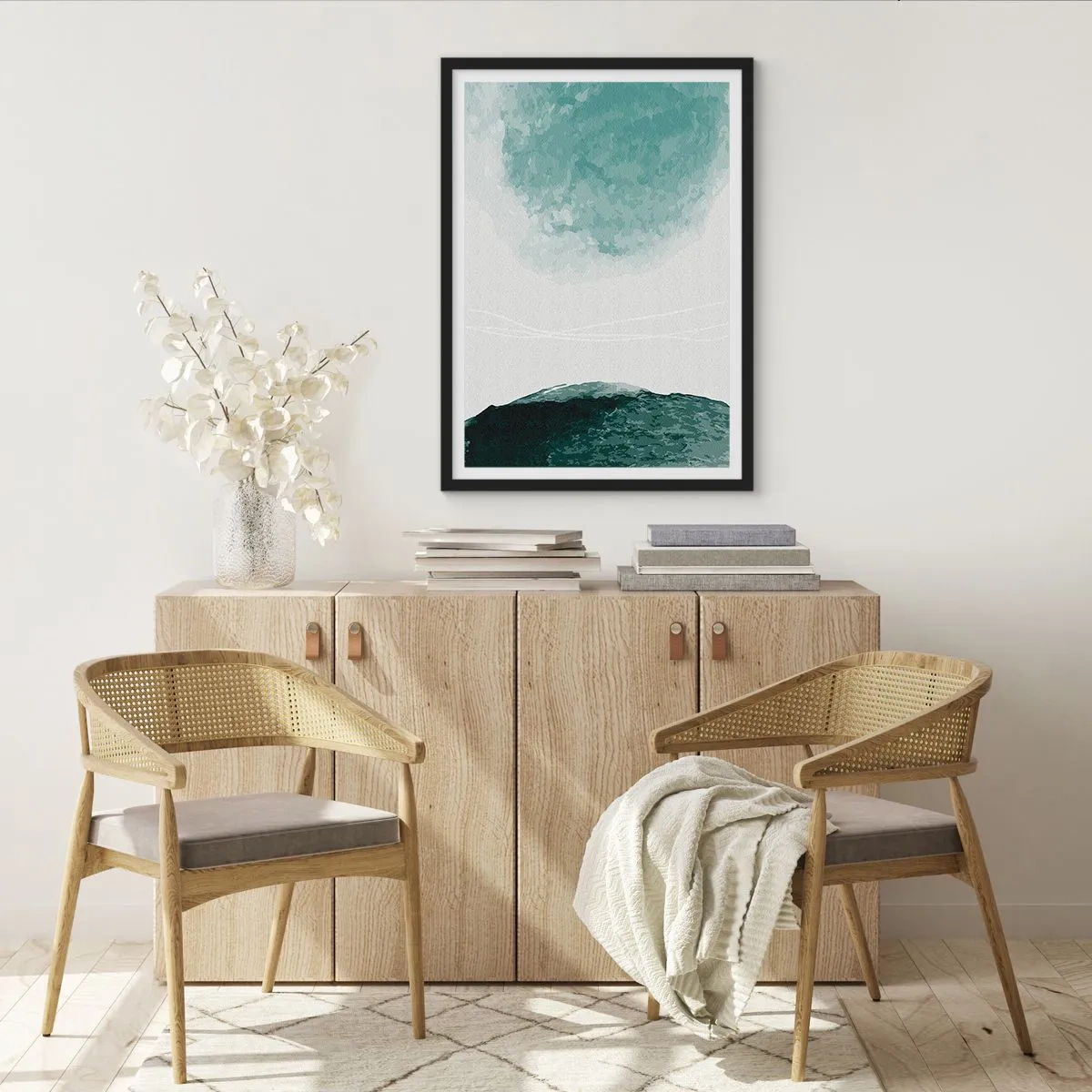 Affisch i svart ram - Abstrakt landskap i nyanser av grönt och vitt - 50x70cm - Ett möte med dimma - Modern väggdekoration för vardagsrum och sovrum ARTTOR