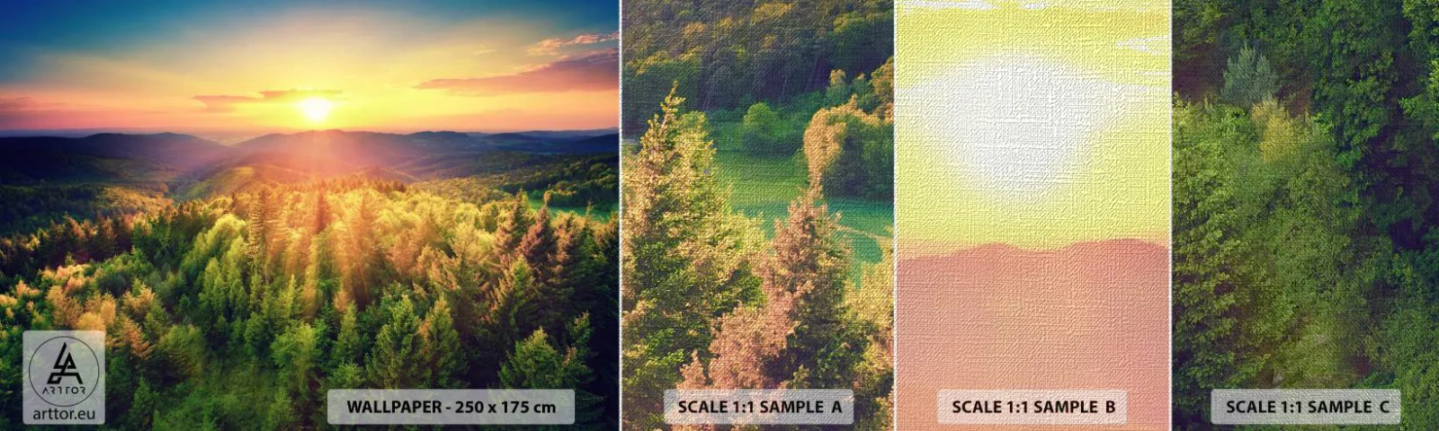 Provbit av fototapet Premium Canvas - Trädtoppar och bergstoppar - Landskap, Skog, Berg - 100x30 cm