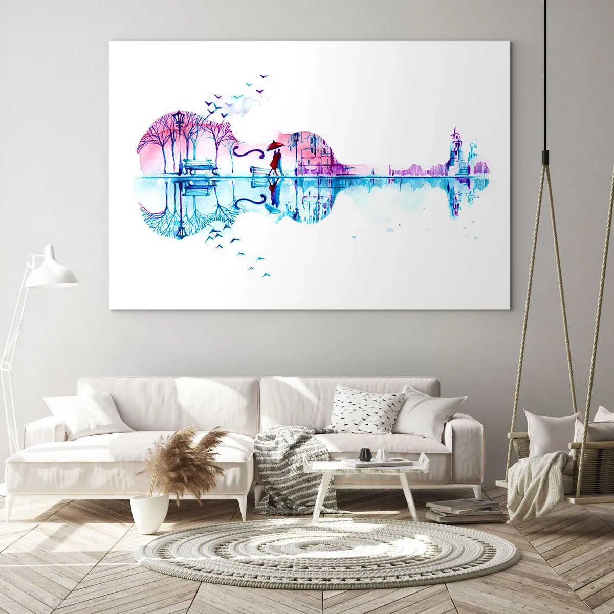Glastavla - Bild på glas - Ett gitarrformat landskap i akvarellstil - 70x50cm - Regnmusik - Modern väggdekoration för vardagsrum och sovrum ARTTOR