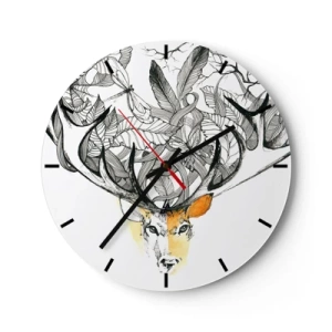 Väggklocka - Klocka på glas - Konstnärlig teckning av en hjort med bredande horn och löv - 30x30cm - Ymnighetshorn - Modern väggdekoration för vardagsrum, kök och sovrum ARTTOR