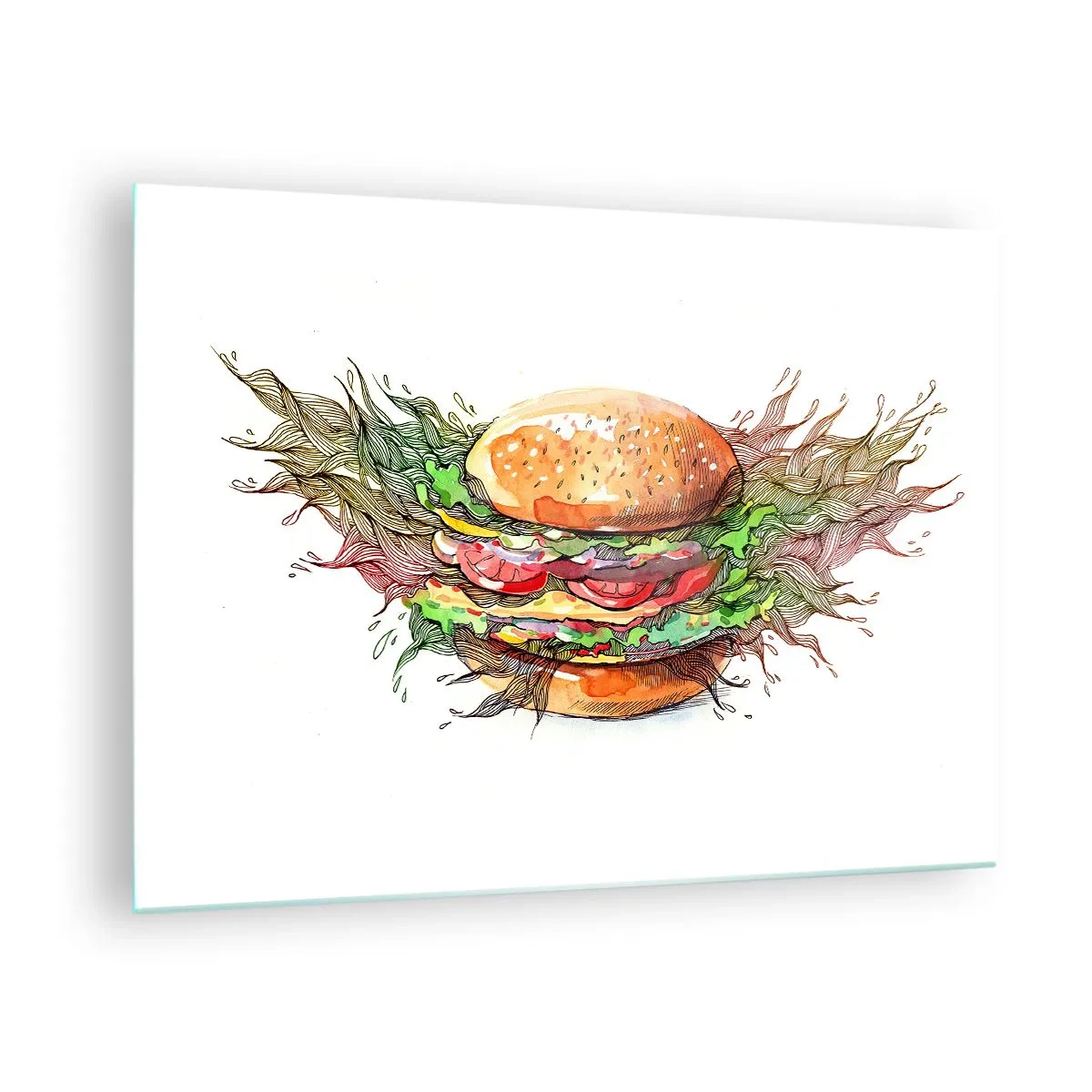 Glastavla - Bild på glas - Konstnärlig teckning av en hamburgare med akvarelldetaljer - 70x50cm - Het frestelse - Modern väggdekoration för vardagsrum och sovrum ARTTOR