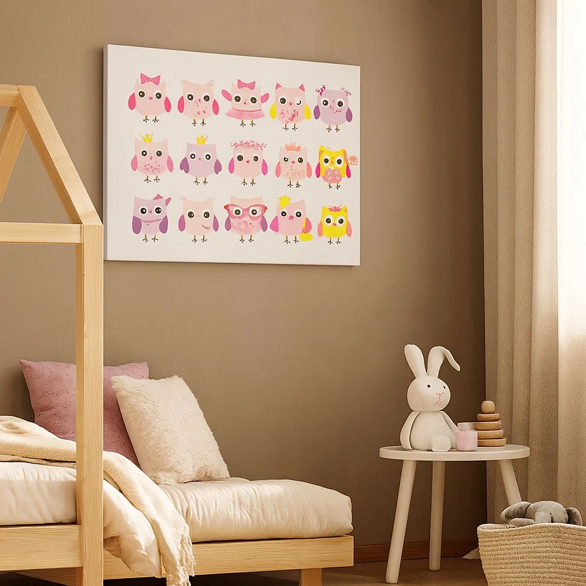 Canvastavla - Bild på duk - Söta ugglor i pastellfärger - 70x50cm - Den ena sötare än den andra - Modern väggdekoration för vardagsrum och sovrum ARTTOR