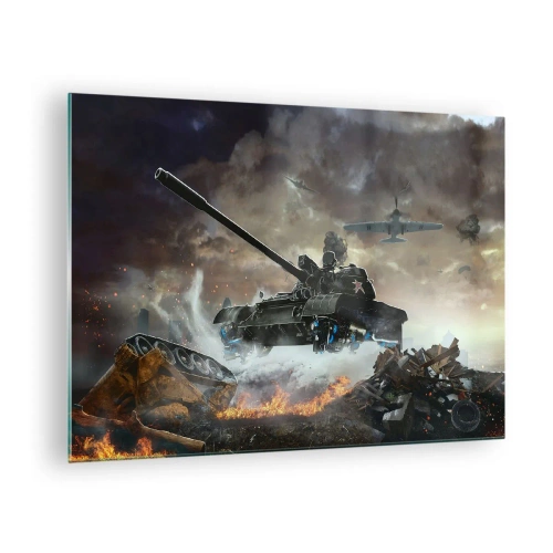 Glastavla - Bild på glas - En stridsvagn i aktion mot bakgrund av ett dramatiskt slagfält. - 70x50cm - Slaget är hemskt och vackert - Modern väggdekoration för vardagsrum och sovrum ARTTOR