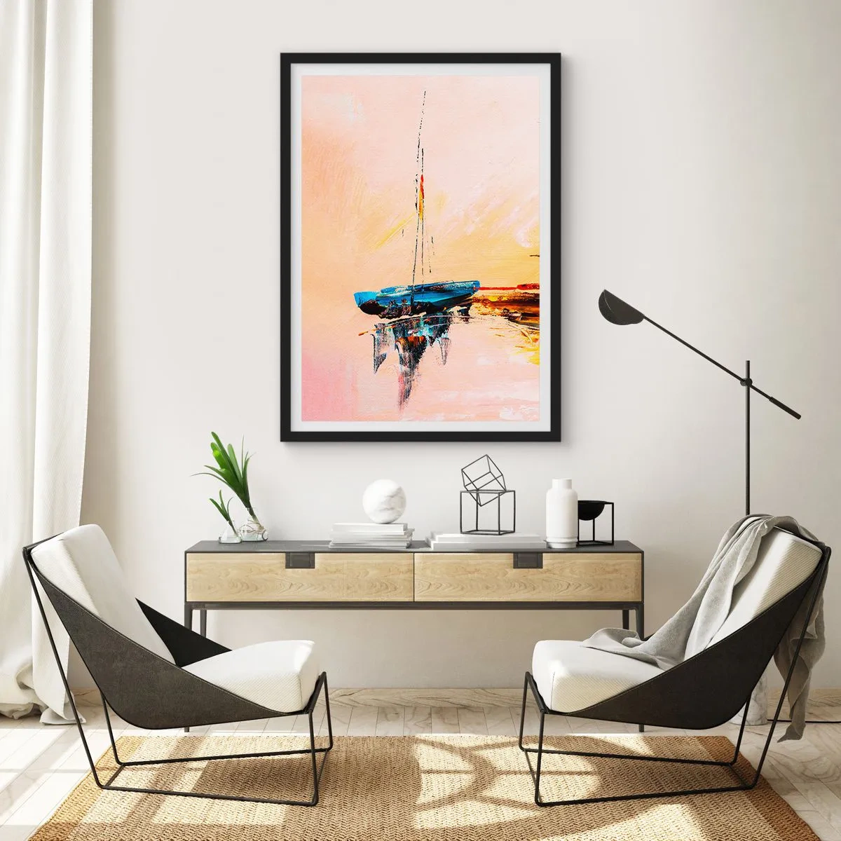 Affisch i svart ram - Abstrakt båt på lugnt vatten vid solnedgången - 50x70cm - En kväll i hamnen - Modern väggdekoration för vardagsrum och sovrum ARTTOR