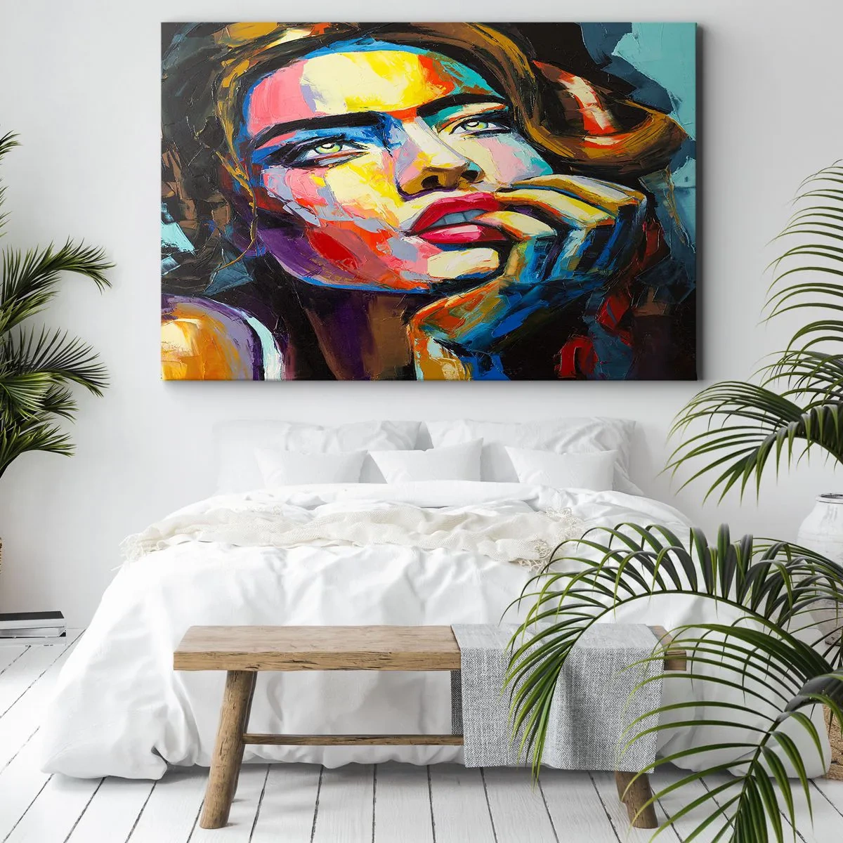 Canvastavla - Bild på duk - Färgglatt porträtt av en kvinna i expressionistisk stil - 70x50cm - Drömmar seglar i himlen som fåglar - Modern väggdekoration för vardagsrum och sovrum ARTTOR