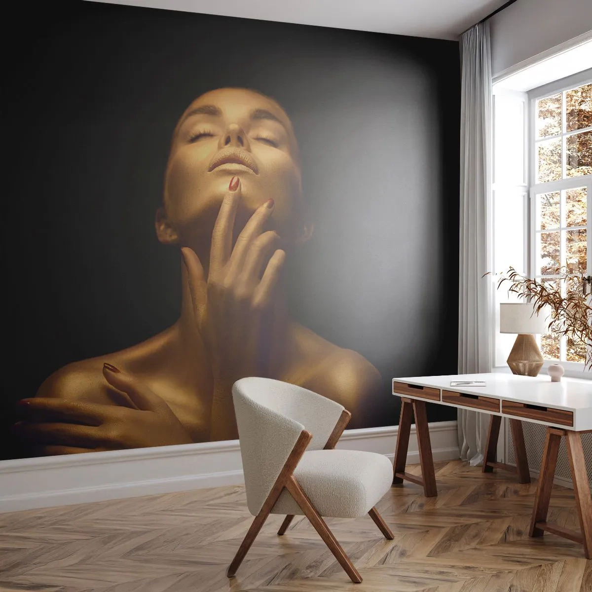 Fototapet Standard Eco - Som guldsilke - Kvinna, Kvinnans ansikte, Kropp - 400x280 cm