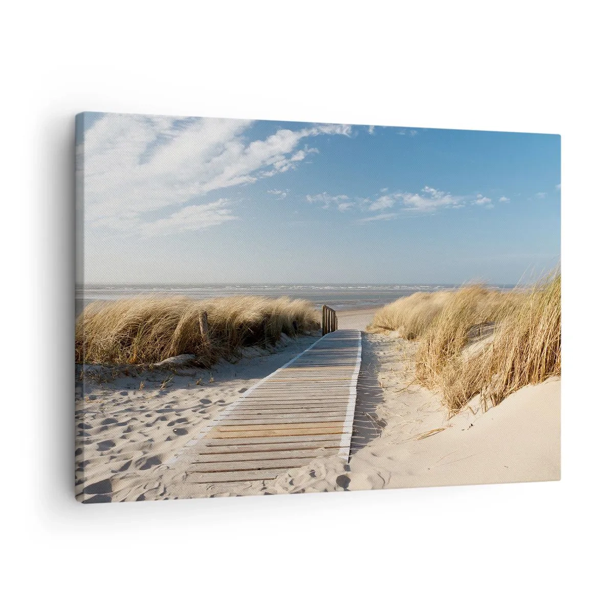 Canvastavla - Bild på duk - En trästig leder genom sanddynerna till det lugna havet - 70x50cm - Bortom sanddynan, i gräsets brus - Modern väggdekoration för vardagsrum och sovrum ARTTOR