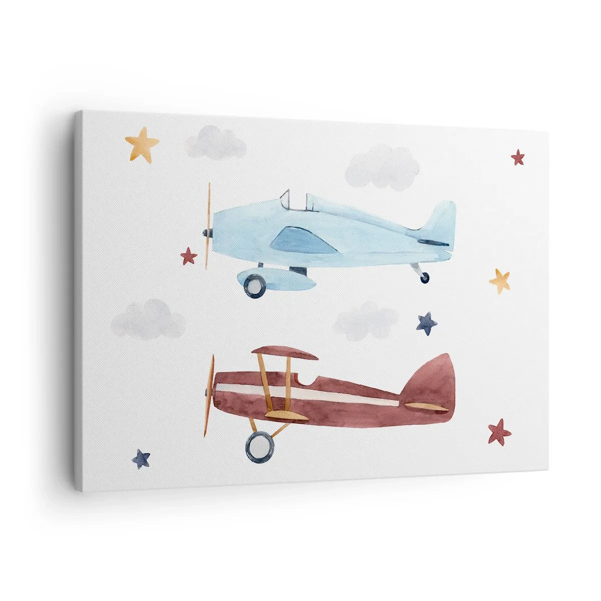 Canvastavla - Bild på duk - Handmålade flygplan mot en bakgrund av moln och stjärnor - 70x50cm - Herr pilot, vi väntar! - Modern väggdekoration för vardagsrum och sovrum ARTTOR