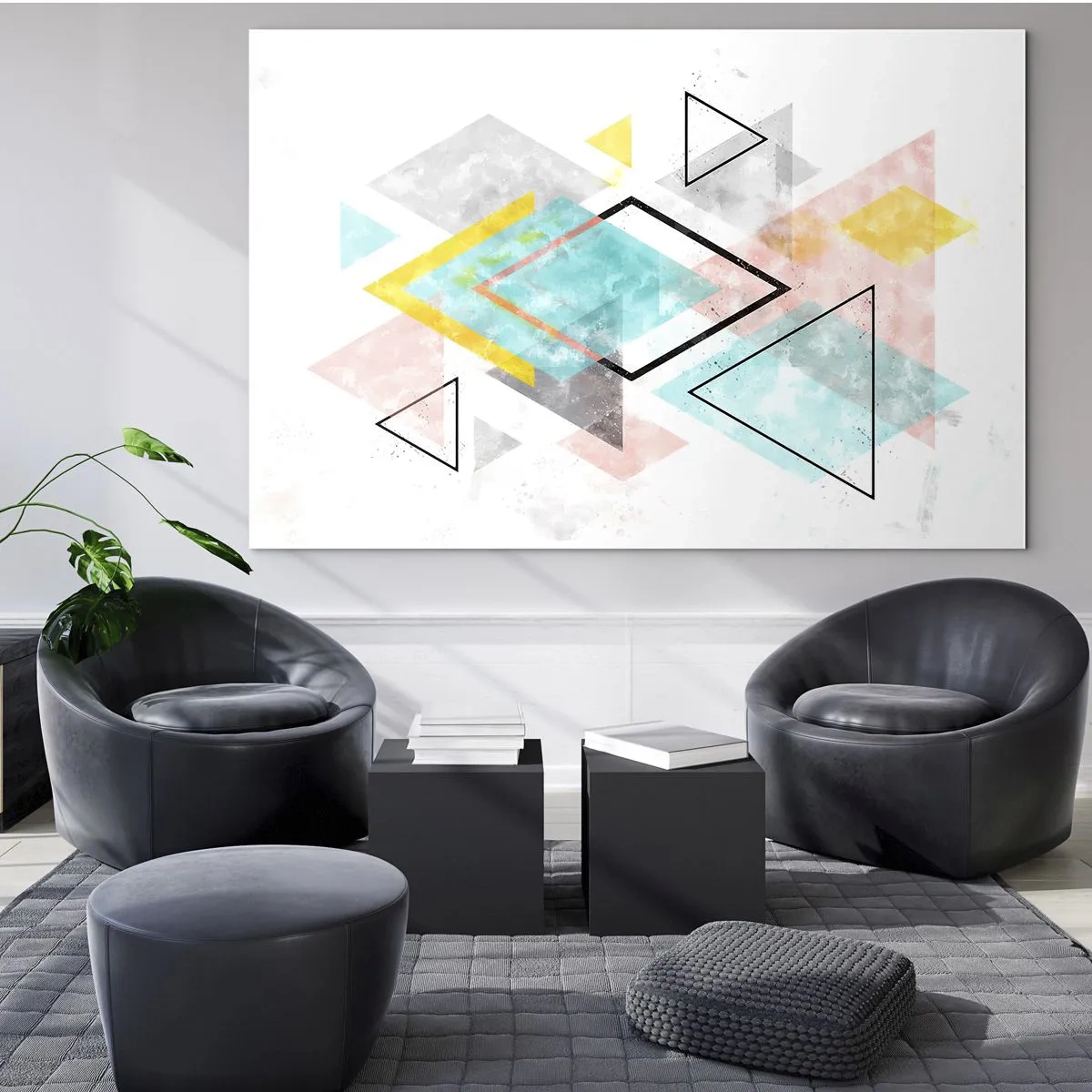 Glastavla - Bild på glas - Färgglada geometriska former på en vit bakgrund i abstrakt stil - 70x50cm - Geometriskt spel - Modern väggdekoration för vardagsrum och sovrum ARTTOR