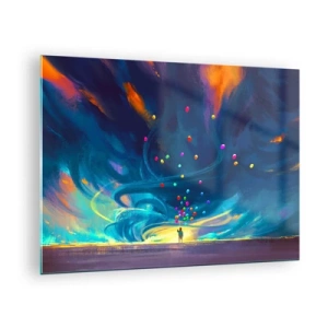 Glastavla - Bild på glas - En person som håller färgglada ballonger mot en blå vindbakgrund. - 70x50cm - Blå vind - Modern väggdekoration för vardagsrum och sovrum ARTTOR